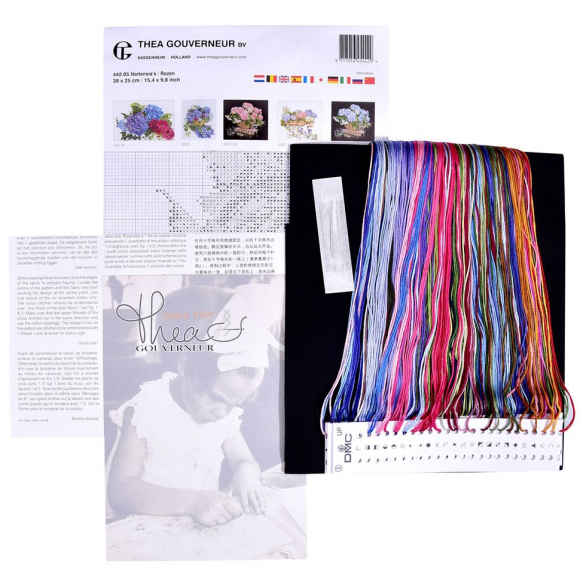 38986_Набор для вышивания "Гортензия и роза", канва аида (черная) 18 ct