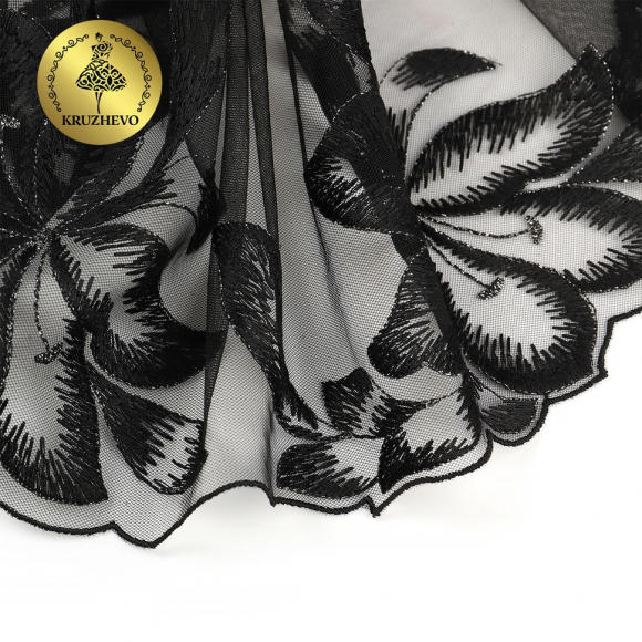 Кружево вышивка на сетке KRUZHEVO арт.TBY.OG41 шир.185мм цв.черный, правая уп.6м