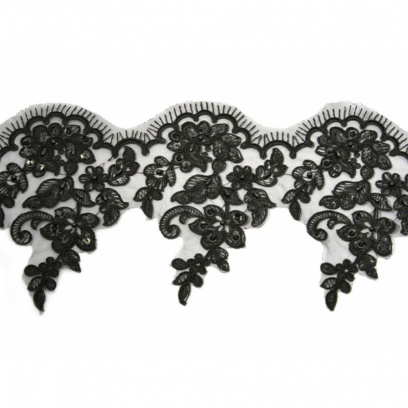 Кружево свадебное (на органзе) с пайетками и бусинами арт.TBY E1396/F634 шир.155мм цв.черный уп.9,14м