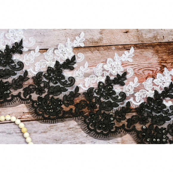 Кружево свадебное (на органзе) с пайетками и бусинами арт.TBY E1396/F634 шир.155мм цв.черный уп.9,14м