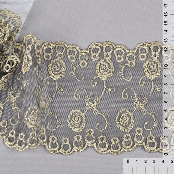 Кружево на сетке арт.TBY 10272 шир.130 мм цв.черный/золото уп.13,71м