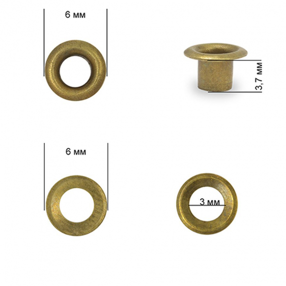 Люверсы сталь TBY.2552 №1,7 (? 3мм, h 3,7мм) цв. антик уп. 1000шт Люверсы сталь TBY.2552 №1,7 (? 3мм, h 3,7мм) цв. антик уп. 1000шт