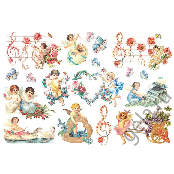 27406_Бумага рисовая "Херувимы с цветами" 27406_Бумага рисовая "Херувимы с цветами"