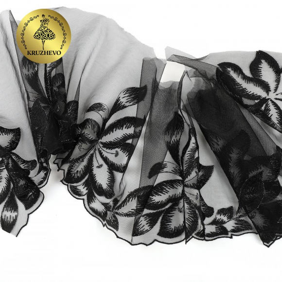 Кружево вышивка на сетке KRUZHEVO арт.TBY.OG41 шир.185мм цв.черный, левая уп.6м