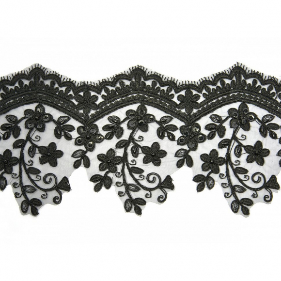 Кружево свадебное (на органзе) с пайетками и бусинами арт.TBY E1344/W010 шир.160мм цв.черный уп.9,14м