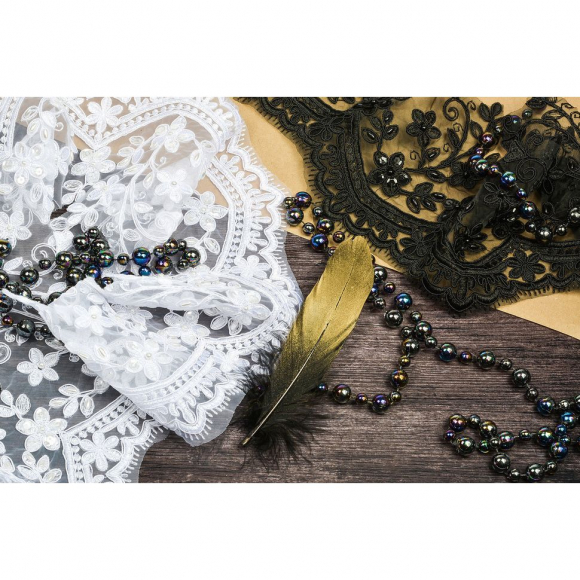 Кружево свадебное (на органзе) с пайетками и бусинами арт.TBY E1344/W010 шир.160мм цв.черный уп.9,14м