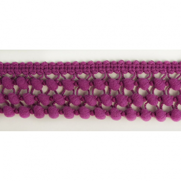 Тесьма с помпонами трехрядная, цвет фиолетово-розовый