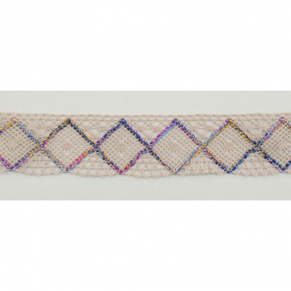 65339_Мерсеризованное хлопковое кружево, 50 мм, цвет бежевый с сиренево-желто-розовым 65339_Мерсеризованное хлопковое кружево, 50 мм, цвет бежевый с сиренево-желто-розовым