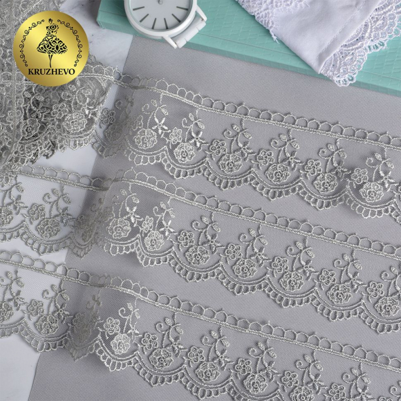 Кружево на сетке KRUZHEVO арт.TR.8B0100 шир.45мм цв.04 серый уп.9м