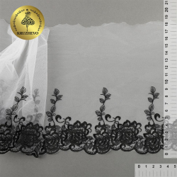 Кружево вышивка на сетке KRUZHEVO арт.TBY.OG40 шир.250мм цв.св.серый+черный уп.10м
