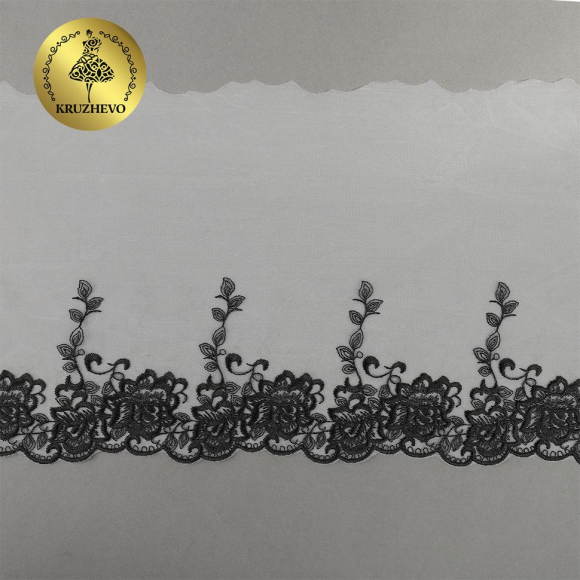 Кружево вышивка на сетке KRUZHEVO арт.TBY.OG40 шир.250мм цв.св.серый+черный уп.10м