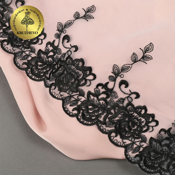 Кружево вышивка на сетке KRUZHEVO арт.TBY.OG40 шир.250мм цв.св.серый+черный уп.10м