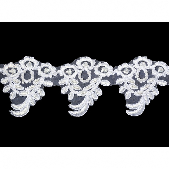 Кружево свадебное (на органзе) с пайетками и бусинами арт.TBY HX026 шир.75мм цв.белый уп.9,14м Кружево свадебное (на органзе) с пайетками и бусинами арт.TBY HX026 шир.75мм цв.белый уп.9,14м