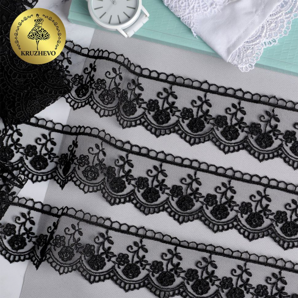 Кружево на сетке KRUZHEVO арт.TR.8B0100 шир.45мм цв.05 черный уп.9м
