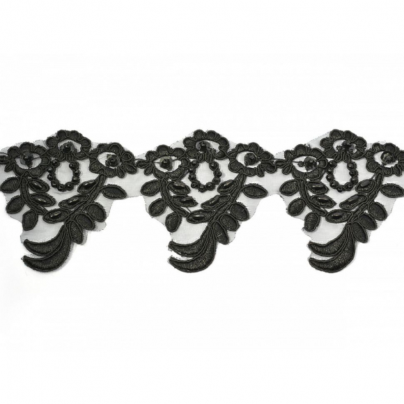 Кружево свадебное (на органзе) с пайетками и бусинами арт.TBY HX026 шир.75мм цв.черный уп.9,14м Кружево свадебное (на органзе) с пайетками и бусинами арт.TBY HX026 шир.75мм цв.черный уп.9,14м