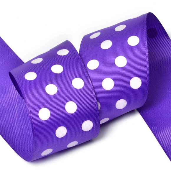 Лента репсовая в рубчик арт.LDRG46502950 (111) крупный горошек 50мм цв.сиреневый-белый уп.27,4м