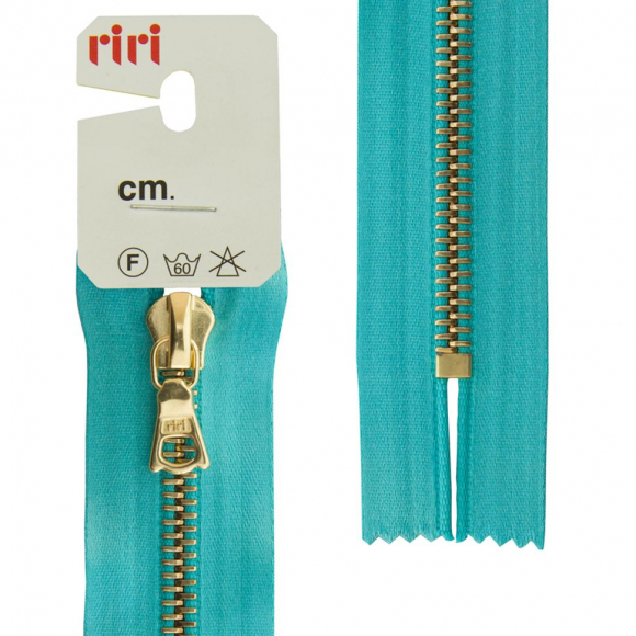 66183_Молния металл, Gold, неразъёмная, на атласной тесьме, 6 мм, 16 см, цвет 5859, бирюзовый