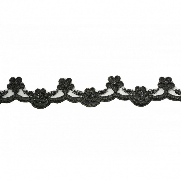 Кружево свадебное (на органзе) с пайетками и бусинами арт.TBY E1712 шир.45мм цв.черный уп.9,14м