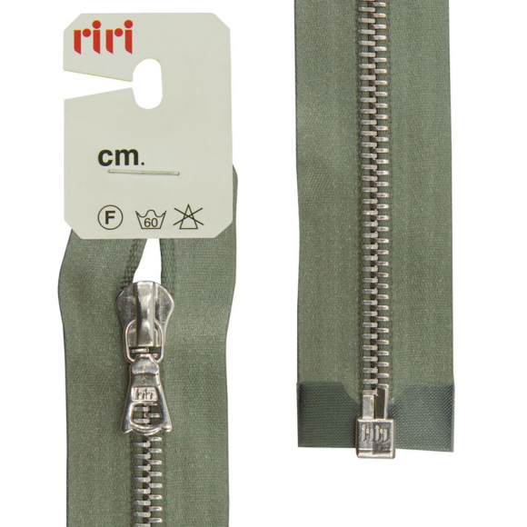 66041_Молния металл, Ni, разъёмная 1 замок, на атласной тесьме, 6 мм, 60 см, цвет 5884, серо-зеленый