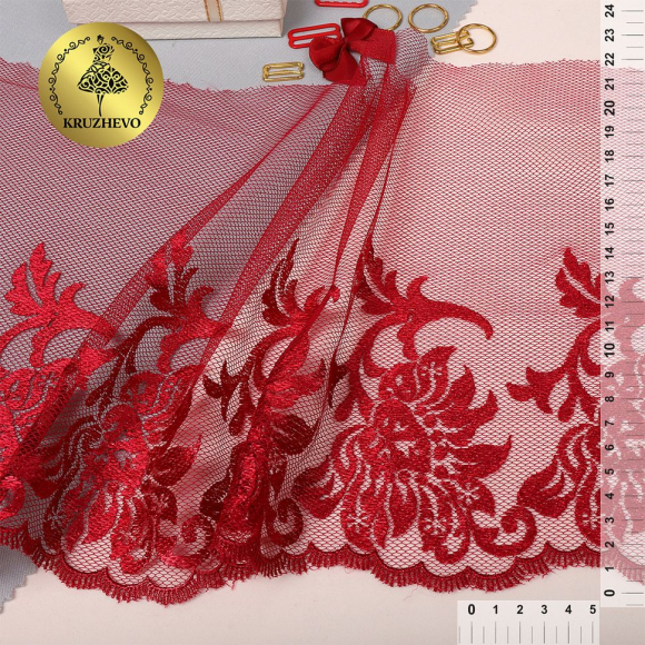 Кружево вышивка на сетке KRUZHEVO арт.TBY.T01 шир.220мм цв.красный, правая уп.13,71м