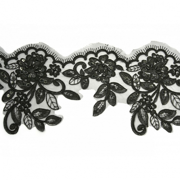 Кружево свадебное (на органзе) с пайетками и бусинами арт.TBY E1348/F633 шир.165мм цв.черный уп.9,14м