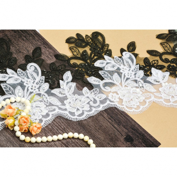 Кружево свадебное (на органзе) с пайетками и бусинами арт.TBY E1348/F633 шир.165мм цв.черный уп.9,14м