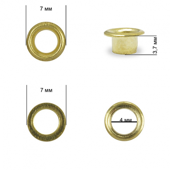 Люверсы сталь TBY.2510 №2 (? 4мм, h 3,7мм) цв. золото уп. 1000шт