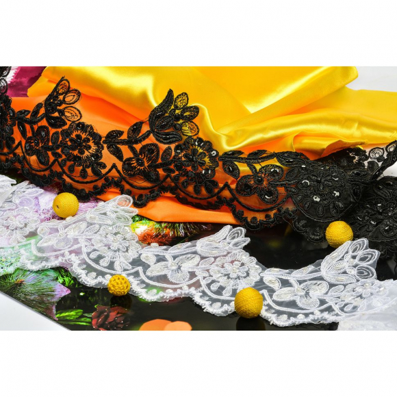 Кружево на органзе с пайетками и бусинами арт.TBY E182B шир.115мм цв.черный уп.9,14м