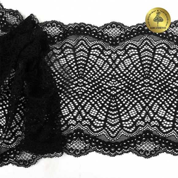 Кружево-стрейч KRUZHEVO арт.TBY.6389 шир.190мм цв.02 черный уп.10м