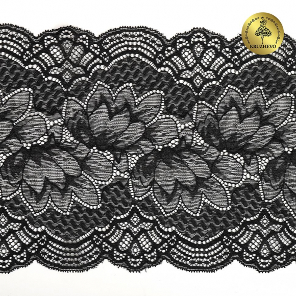 Кружево-стрейч KRUZHEVO арт.TBY.6391 шир.190мм цв.02 черный уп.10м