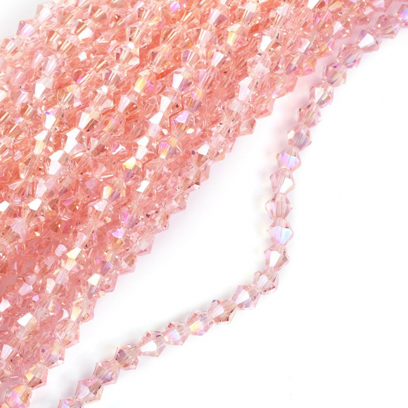 Бусины граненые Биконус (стекло) на нитях арт.TBY-K-2  6х6мм отвер.1,5мм цв.22 AB розовый уп.3шт х50 бусин