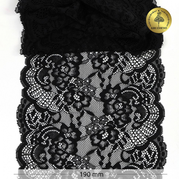 Кружево-стрейч KRUZHEVO арт.TBY.6392 шир.190мм цв.02 черный уп.10м
