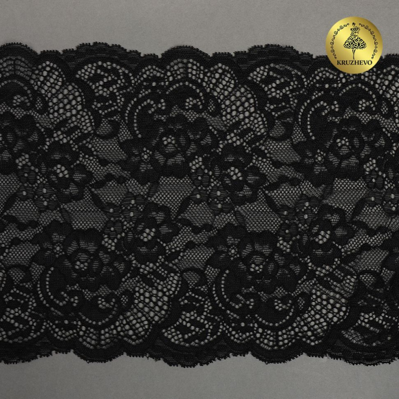 Кружево-стрейч KRUZHEVO арт.TBY.6392 шир.190мм цв.02 черный уп.10м