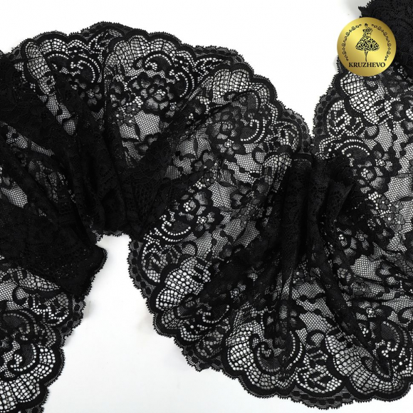 Кружево-стрейч KRUZHEVO арт.TBY.6392 шир.190мм цв.02 черный уп.10м
