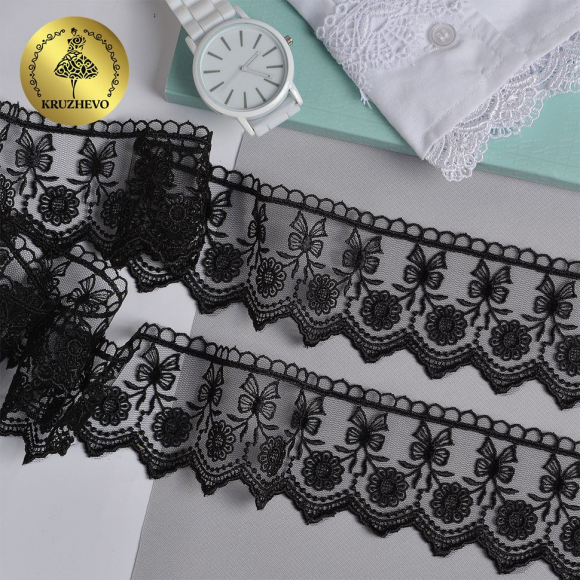 Кружево на сетке KRUZHEVO арт.TR.8B0108 шир.55мм цв.05 черный уп.9м