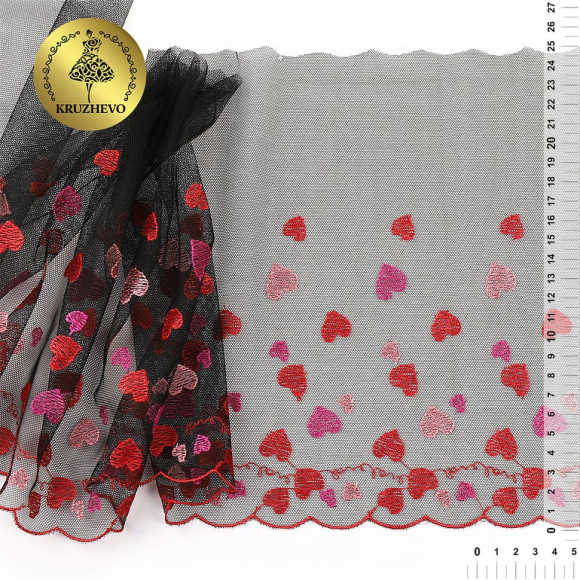 Кружево вышивка на сетке KRUZHEVO арт.TBY.C30 шир.240мм цв.черный с красными сердечками, правая уп.6м