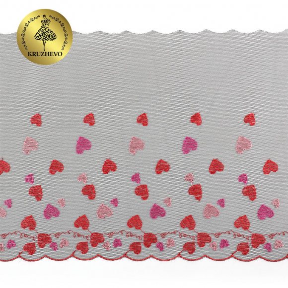 Кружево вышивка на сетке KRUZHEVO арт.TBY.C30 шир.240мм цв.черный с красными сердечками, правая уп.6м