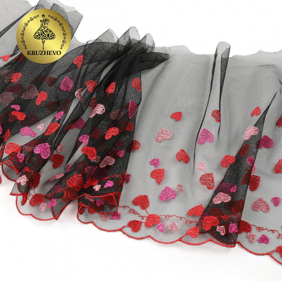 Кружево вышивка на сетке KRUZHEVO арт.TBY.C30 шир.240мм цв.черный с красными сердечками, правая уп.6м