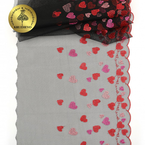 Кружево вышивка на сетке KRUZHEVO арт.TBY.C30 шир.240мм цв.черный с красными сердечками, правая уп.6м