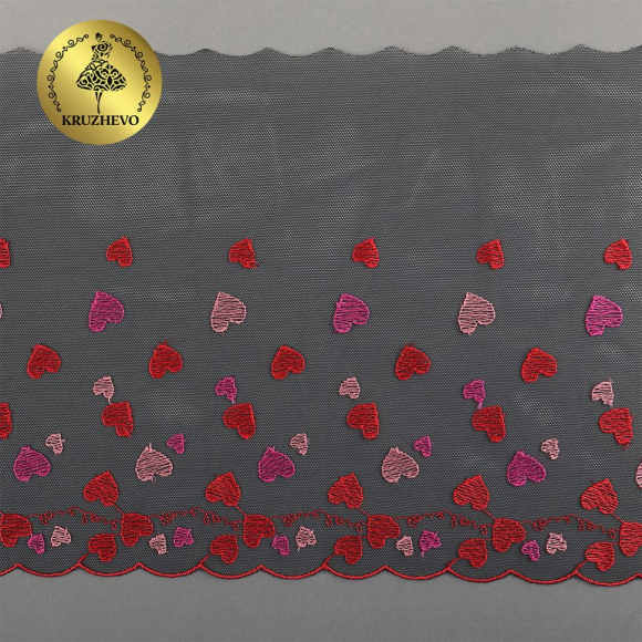 Кружево вышивка на сетке KRUZHEVO арт.TBY.C30 шир.240мм цв.черный с красными сердечками, правая уп.6м