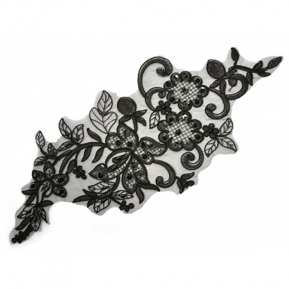 Аппликации пришивные (лейсы) с пайетками и бусинами арт.TBY DE628L уп.2шт. цв.01 черный 370x150мм