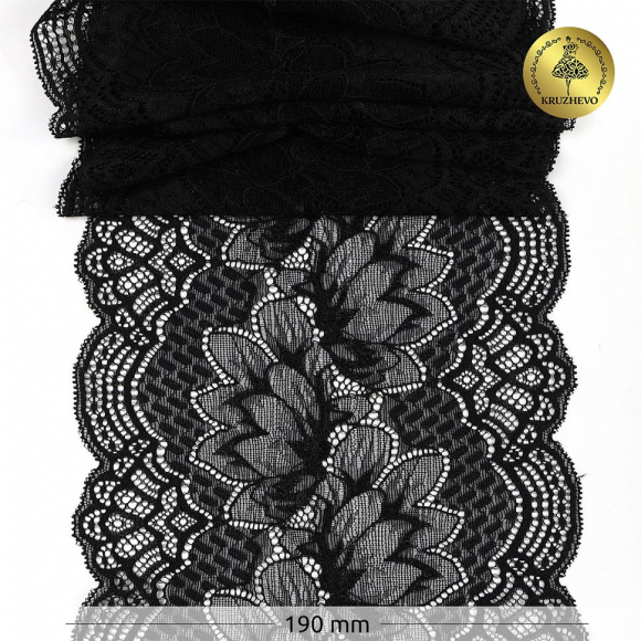 Кружево-стрейч KRUZHEVO арт.TBY.6391 шир.190мм цв.02 черный уп.3м