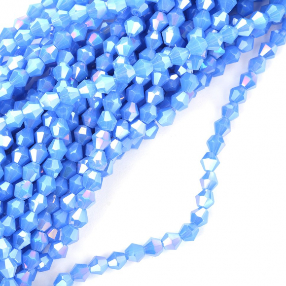 Бусины граненые Биконус (стекло) на нитях арт.TBY-K-2  6х6мм отвер.1,5мм цв.34 AB голубой уп.3х50 бусин