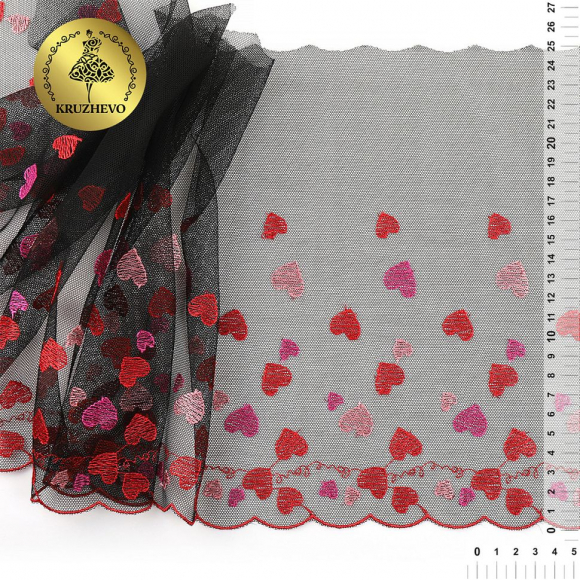 Кружево вышивка на сетке KRUZHEVO арт.TBY.C30 шир.240мм цв.черный с красными сердечками, левая уп.6м