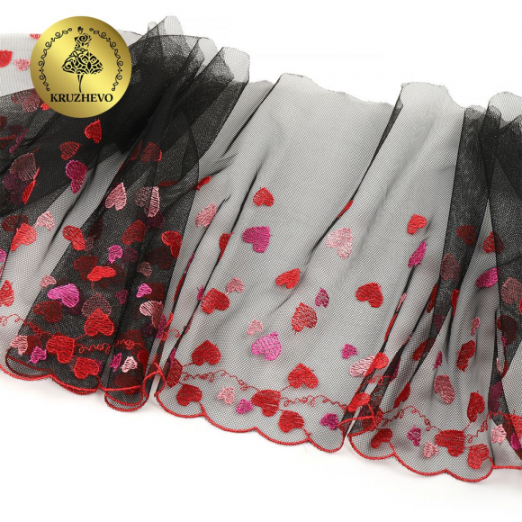 Кружево вышивка на сетке KRUZHEVO арт.TBY.C30 шир.240мм цв.черный с красными сердечками, левая уп.6м