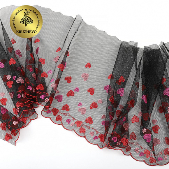 Кружево вышивка на сетке KRUZHEVO арт.TBY.C30 шир.240мм цв.черный с красными сердечками, левая уп.6м