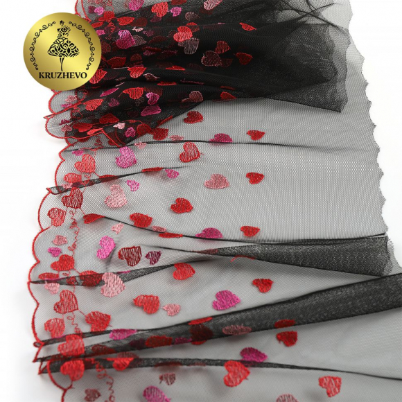 Кружево вышивка на сетке KRUZHEVO арт.TBY.C30 шир.240мм цв.черный с красными сердечками, левая уп.6м