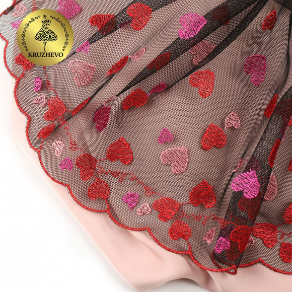 Кружево вышивка на сетке KRUZHEVO арт.TBY.C30 шир.240мм цв.черный с красными сердечками, левая уп.6м