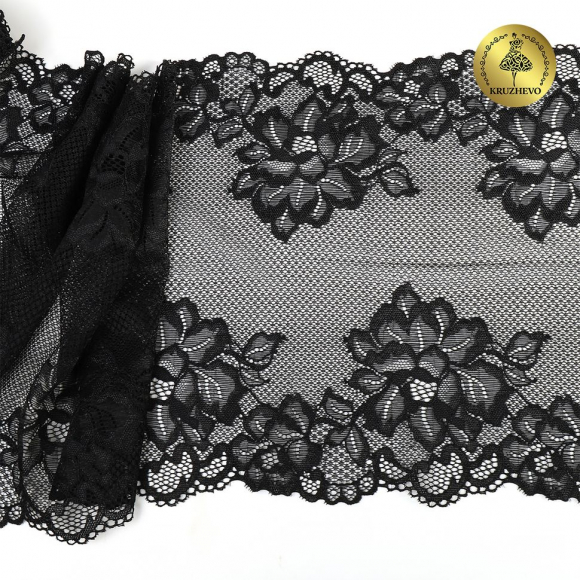 Кружево-стрейч KRUZHEVO арт.TBY.6333 шир.245мм цв.02 черный уп.10м