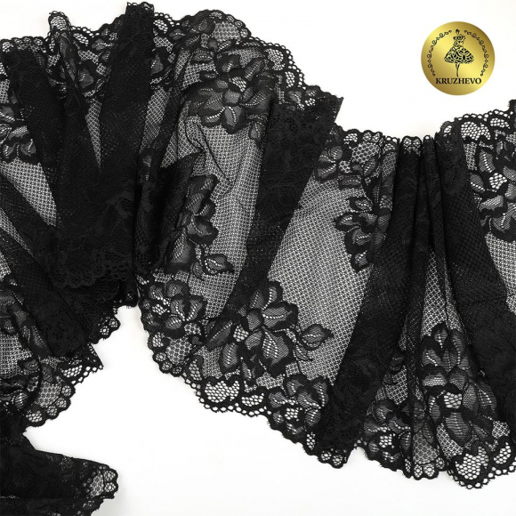 Кружево-стрейч KRUZHEVO арт.TBY.6333 шир.245мм цв.02 черный уп.10м